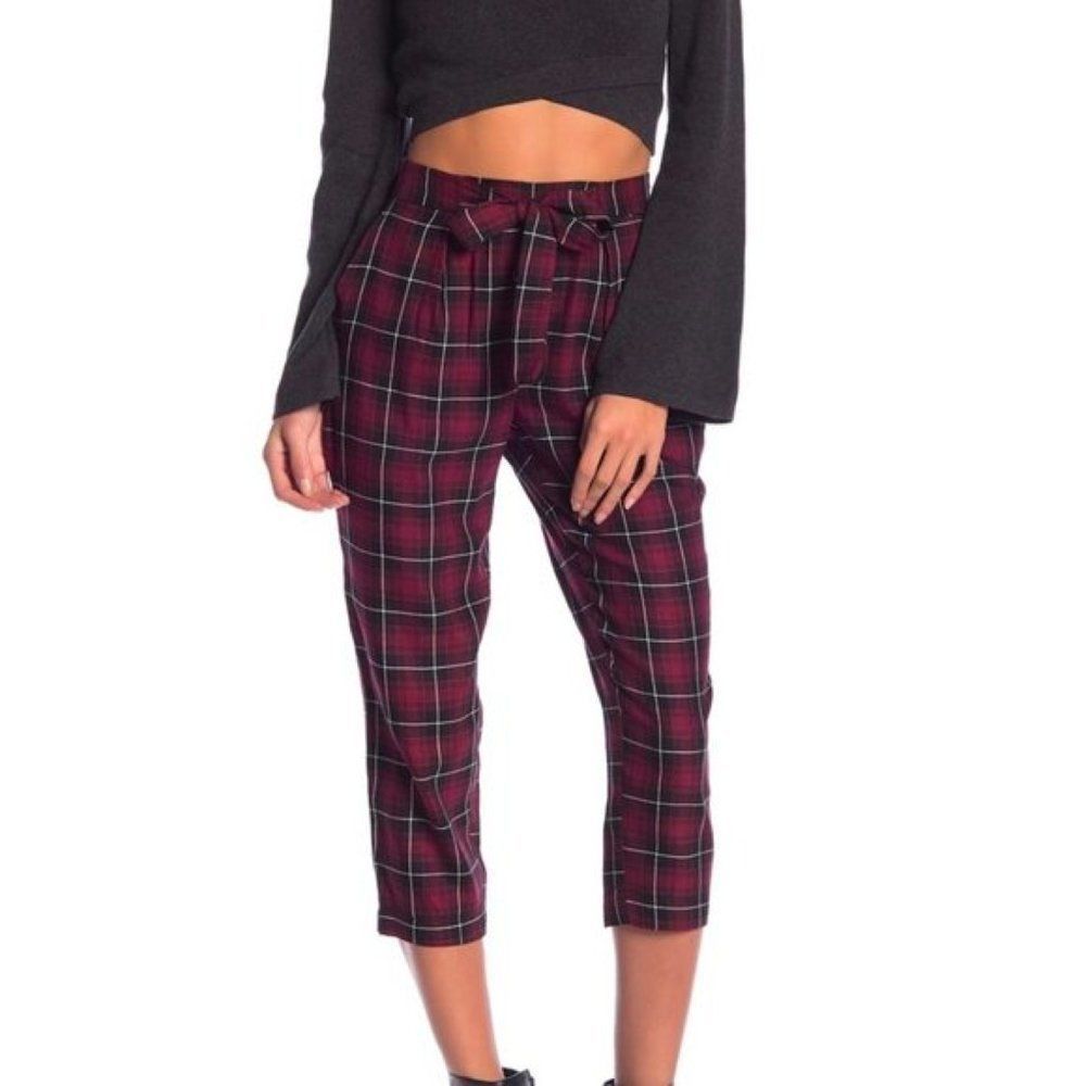 BCBGeneration Cropped Plaid Pants Pull On Tie